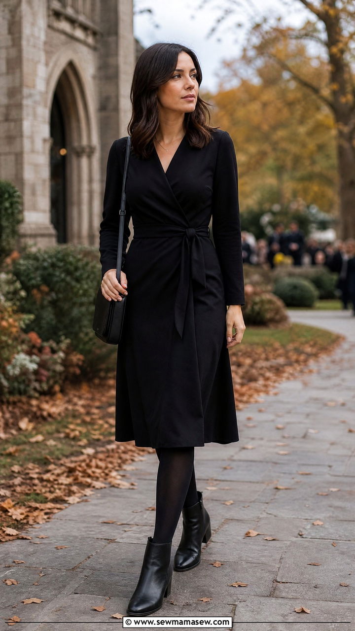 Black wrap dress with ankle boots funeral outfit - 40 Funeral outfit ideas