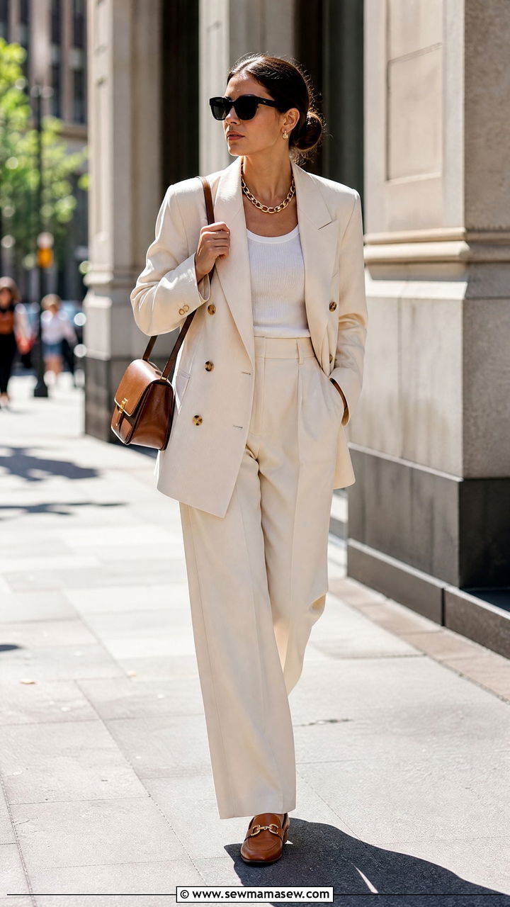 Blackout Sunglasses with a Double Breasted Cream Suit - 25 Glamoratti outfit ideas 2026