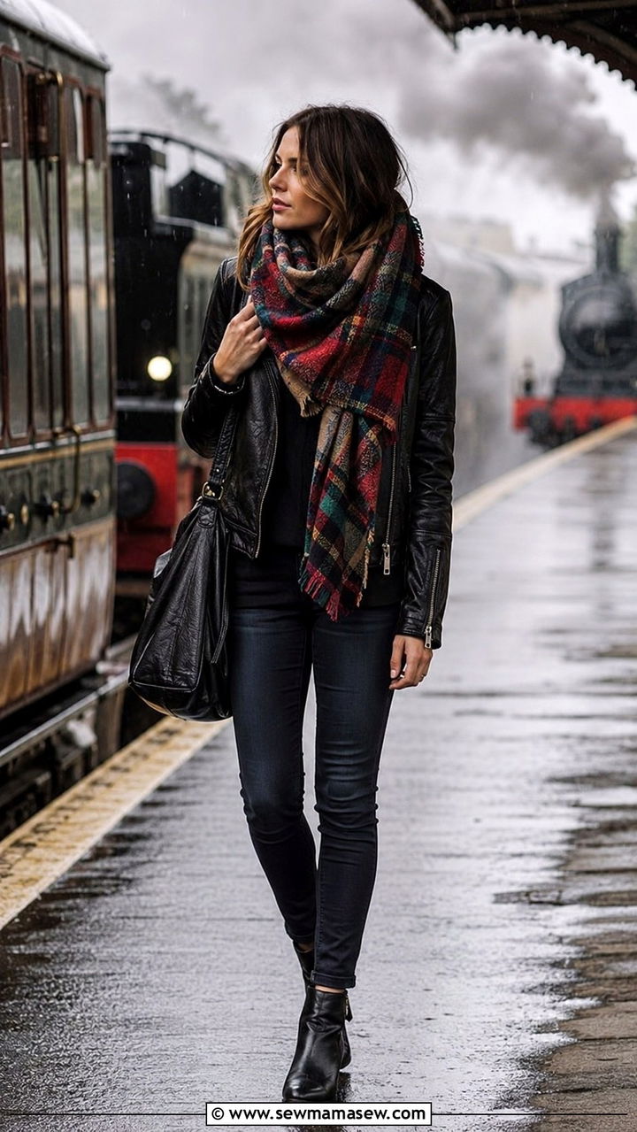 Blanket Scarf With Leather Jacket And Coated Denim - 30 Rainy day travel outfit ideas