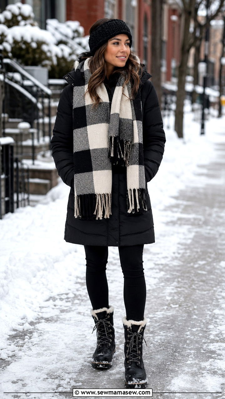 Blanket scarf and puffer jacket - 30 Danish cozy outfit ideas