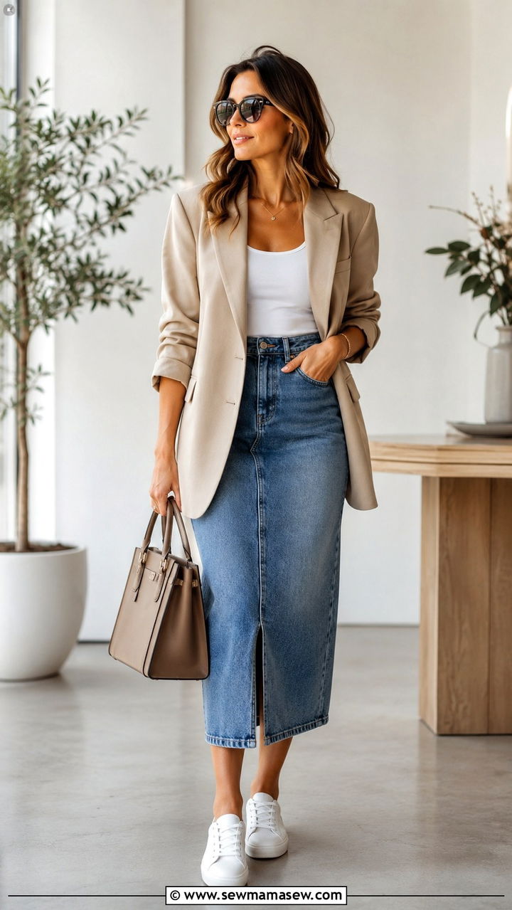 Blazer And Denim Skirt Outfit With Sneakers - 30 Denim skirt outfit ideas with sneakers