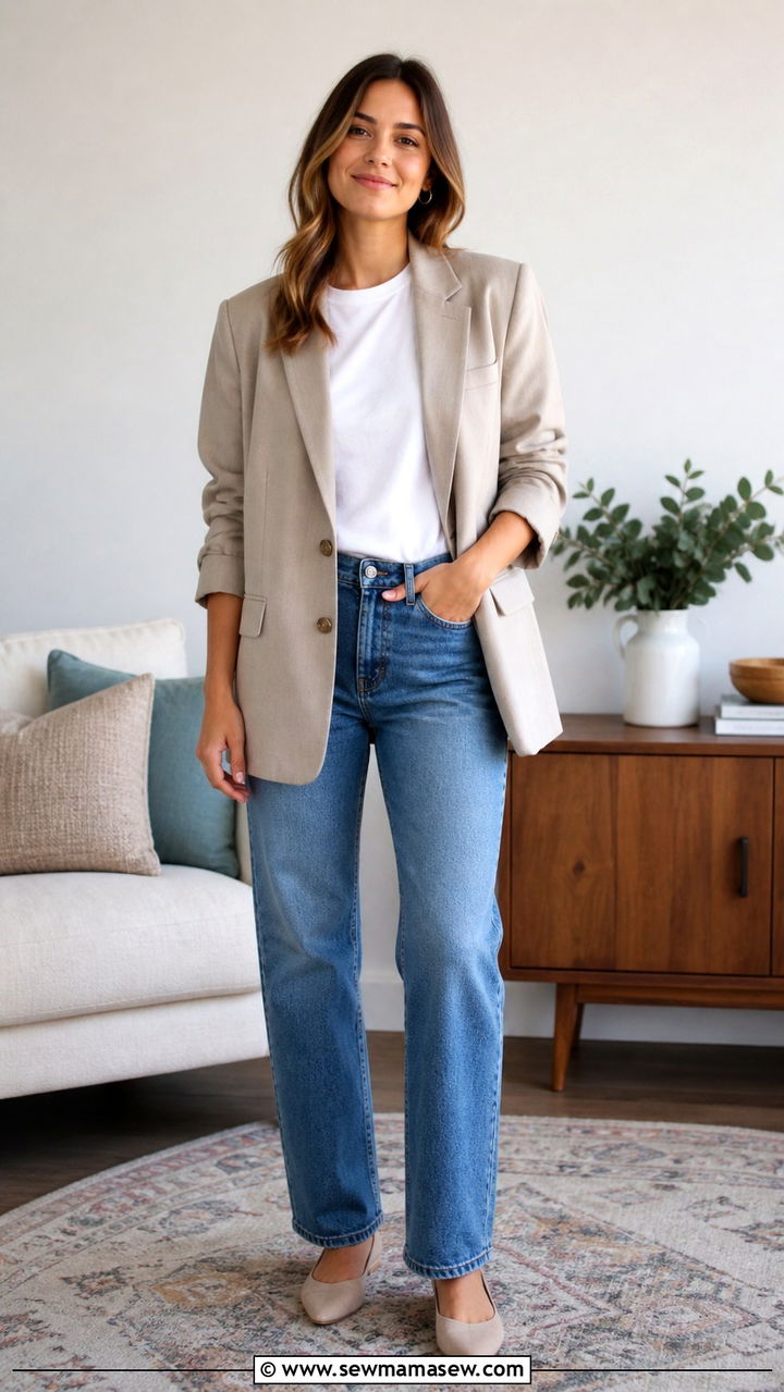 Blazer And White Tee With Jeans For Video Calls - 40 Work from home outfit ideas