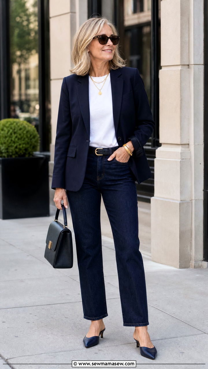 Blazer Dark Wash Jeans - 30 Outfit ideas for women over 50 errands