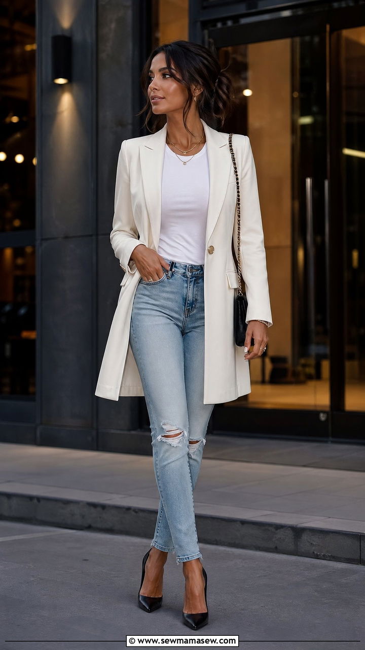 Blazer Dress With Distressed Jeans - 35 Distressed jeans outfit ideas