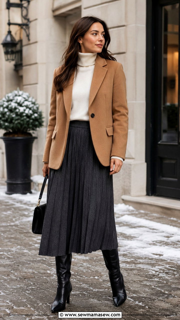 Blazer Layered Over Turtleneck With Pleated Skirt And Knee High Boots - 30 Pleated skirt outfit ideas with a blazer