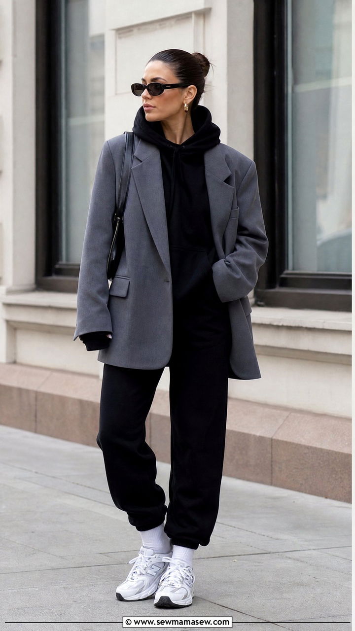 Blazer Layered over a Hoodie with Joggers and Sneakers - 25 chic blazer outfit ideas