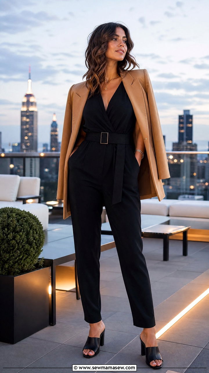 Blazer Layered over a Jumpsuit with Heeled Mules - 25 chic blazer outfit ideas