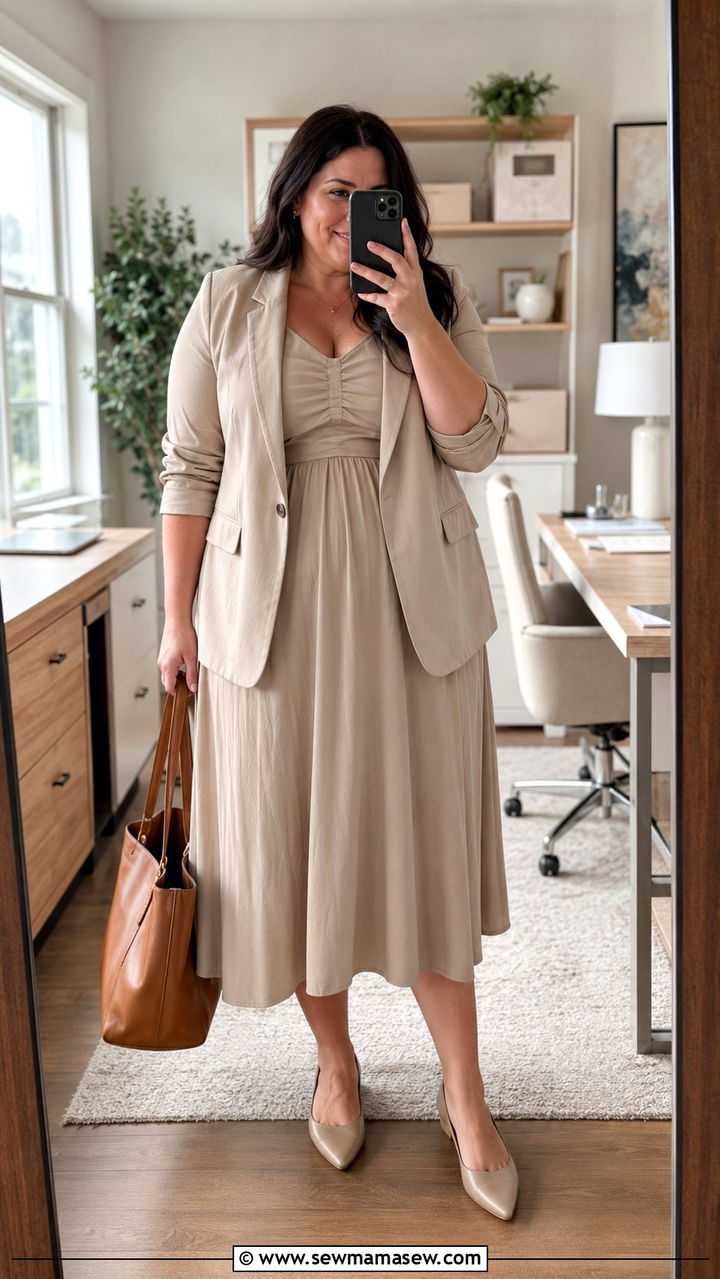 Blazer Over Beige Midi Dress Outfit - 30 plus size office outfit ideas