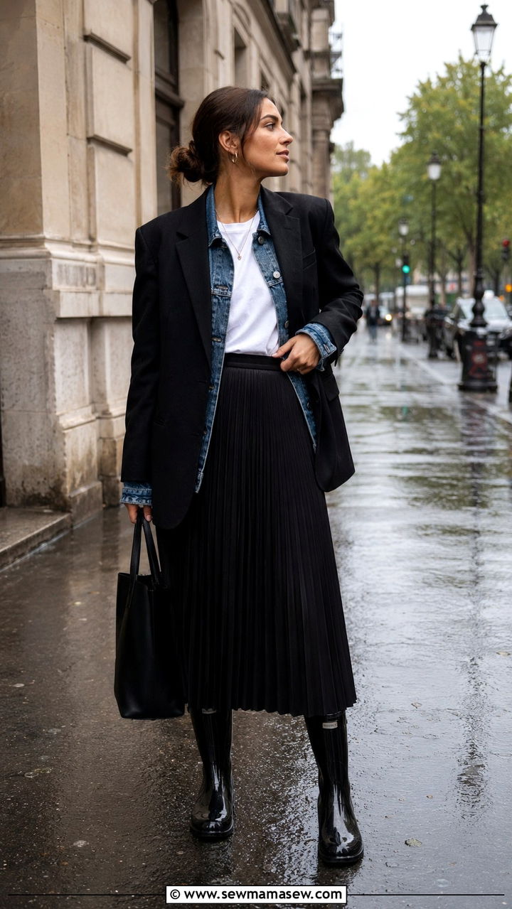 Blazer Over Denim Jacket With Midi Skirt And Rain Boots - 30 Rainy day work outfit ideas