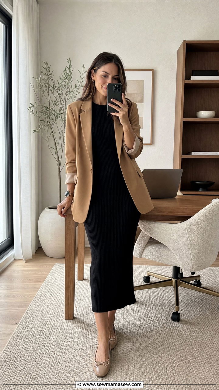 Blazer Over Knit Dress Home Office Outfit - 25 Home office outfit ideas