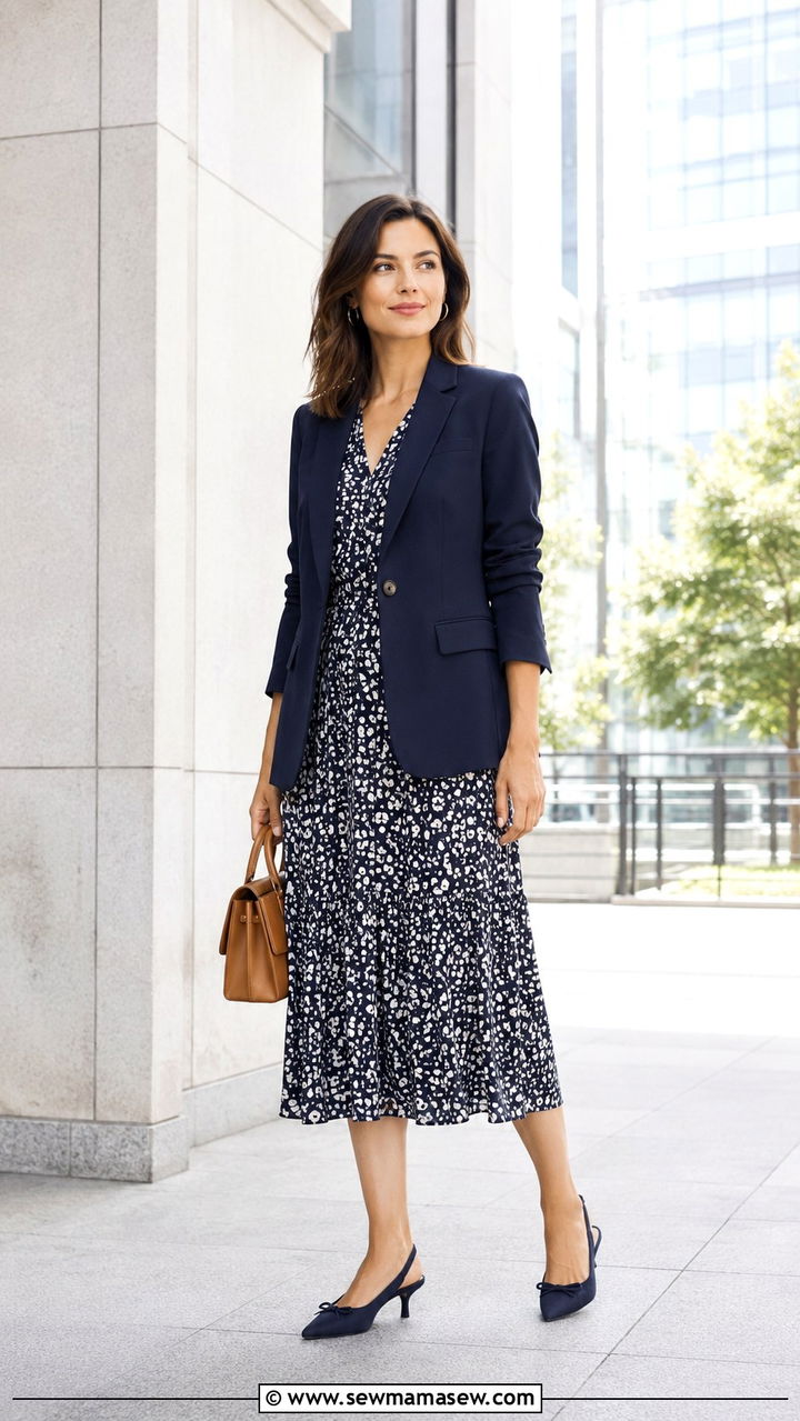 Blazer Over Midi Dress With Slingback Heels - 30 transitional office outfit ideas