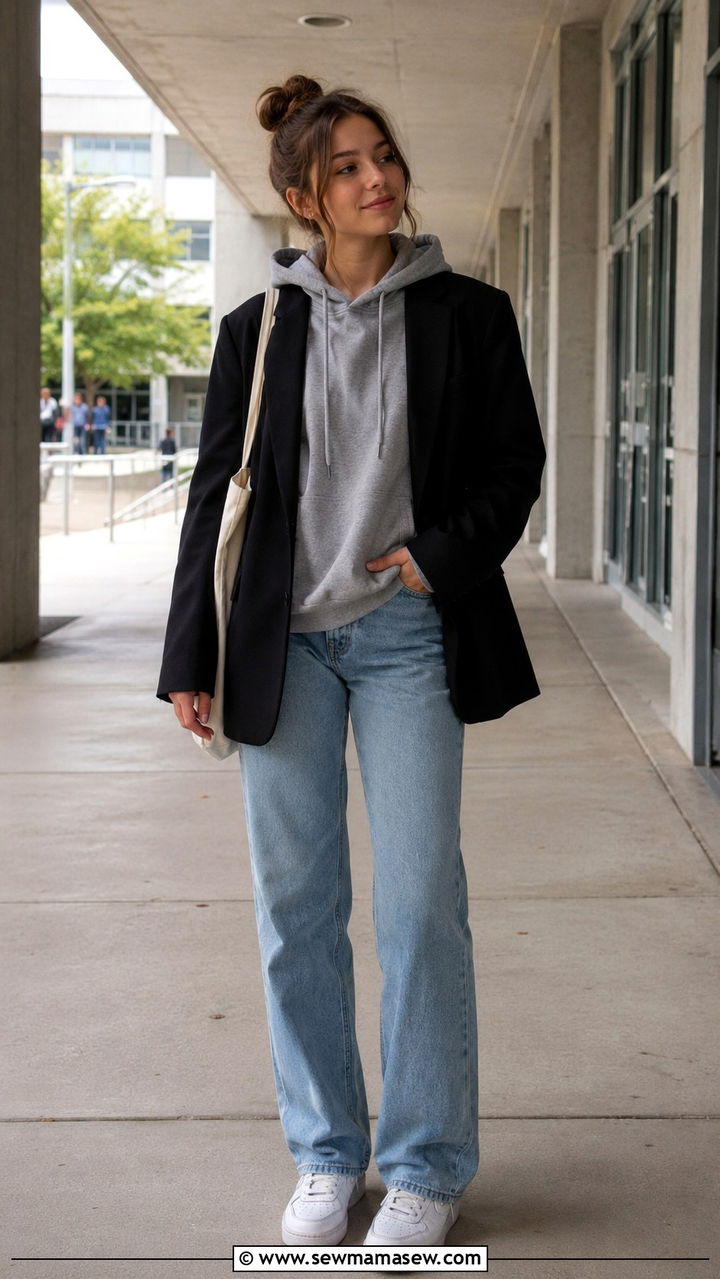 Blazer Over a Hoodie With Straight Leg Jeans and Sneakers - 30 Trendy outfits for 15 year olds