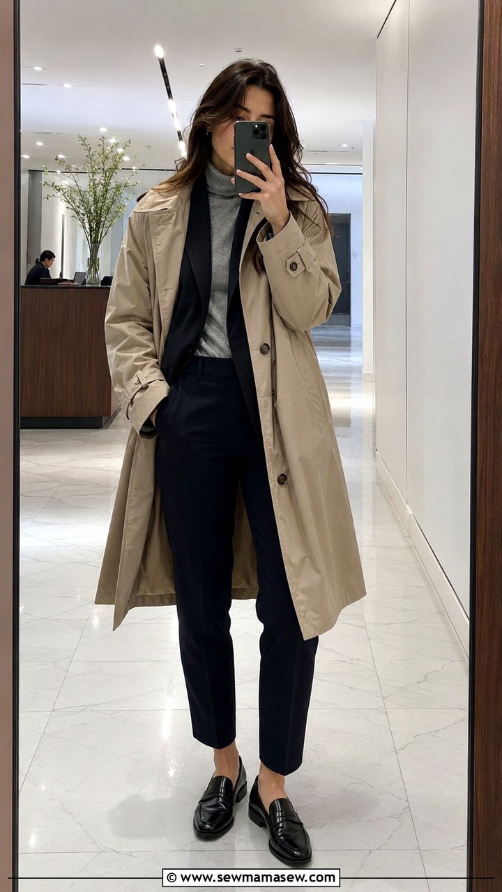 Blazer Under Raincoat With Cigarette Pants - 30 Rainy day work outfit ideas