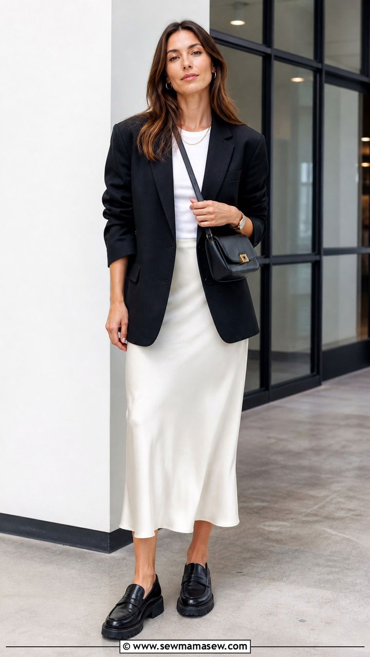 Blazer With A Slip Skirt And Chunky Loafers - 40 blazer outfits