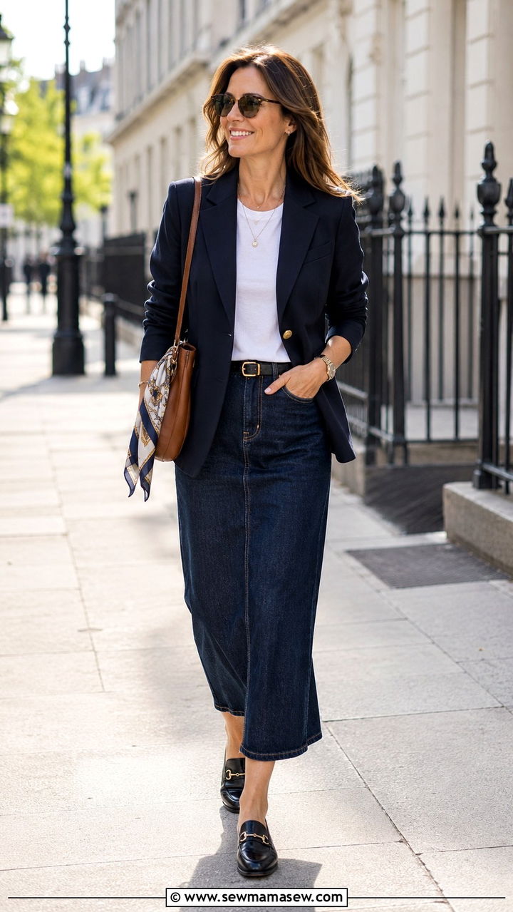 Blazer With Denim Maxi Skirt and Loafers - 20 denim maxi skirt outfits for women over 40