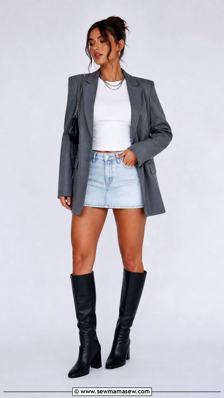 Blazer With Denim Mini Skirt And Knee High Boots - 40 blazer outfits