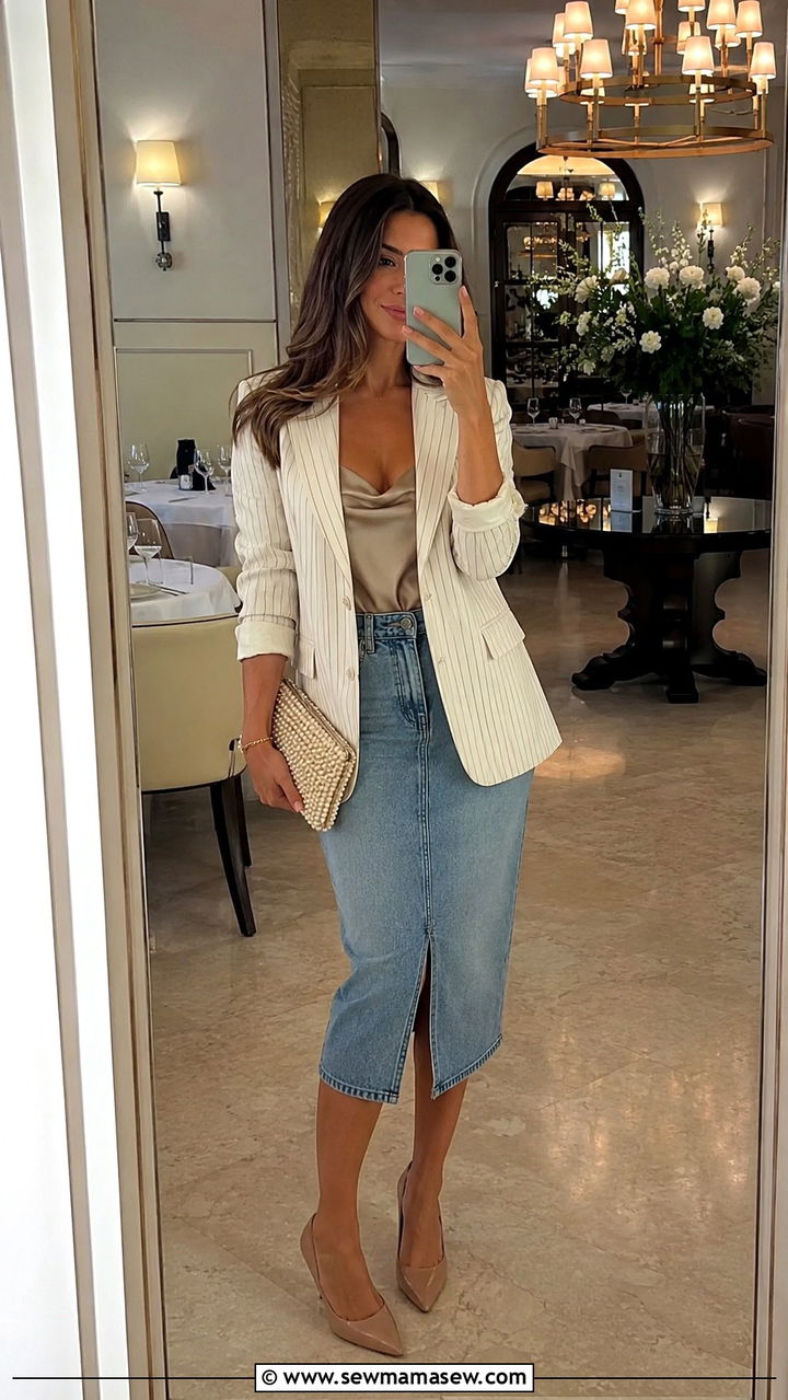 Blazer With Denim Skirt And Heels - 30 Denim skirt outfit ideas with a blazer