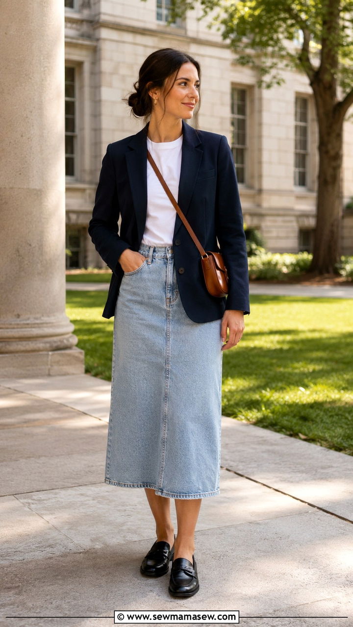 Blazer With Denim Skirt And Loafers - 30 Denim skirt outfit ideas with a blazer