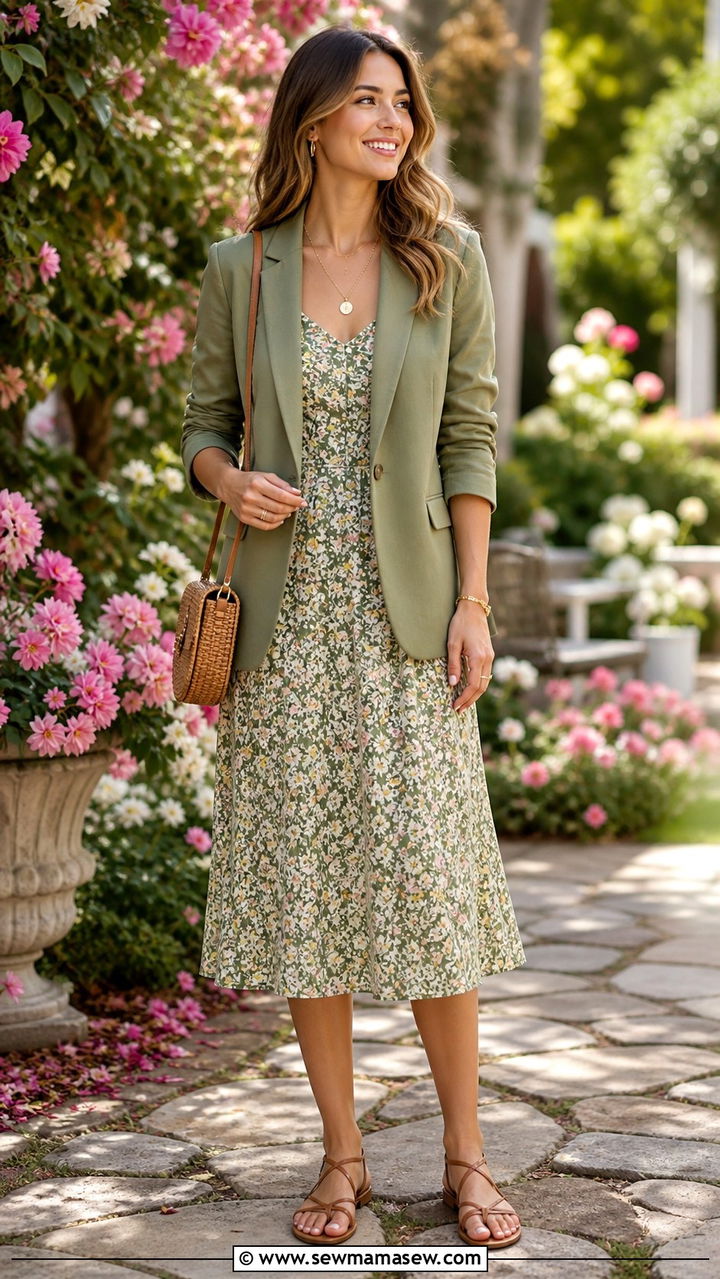 Blazer With Floral Midi Dress And Strappy Sandals - 40 blazer outfits