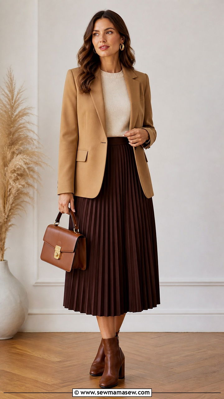 Blazer With Midi Pleated Skirt And Ankle Boots - 40 blazer outfits