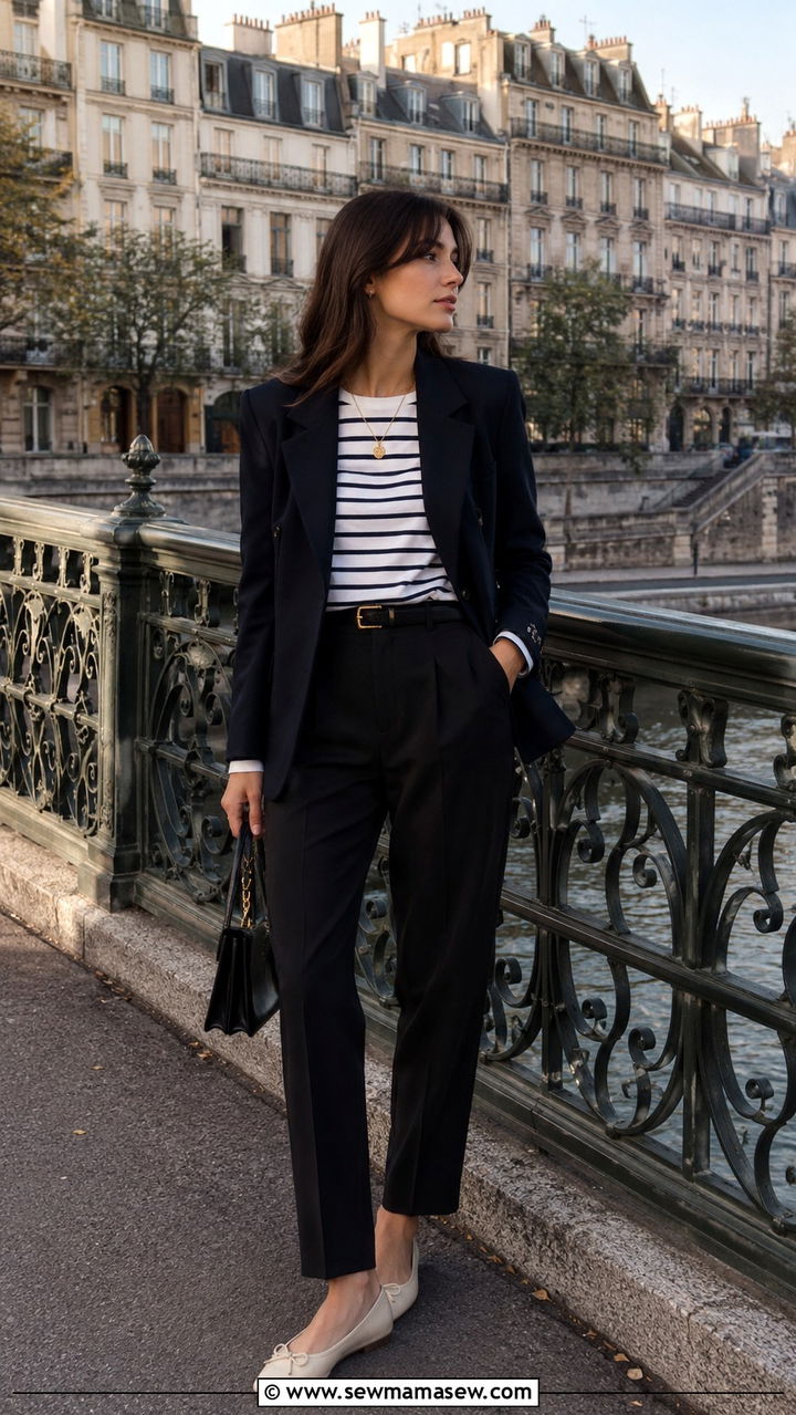 Blazer With Striped Top and Black Trousers - 30 parisian capsule wardrobe outfits