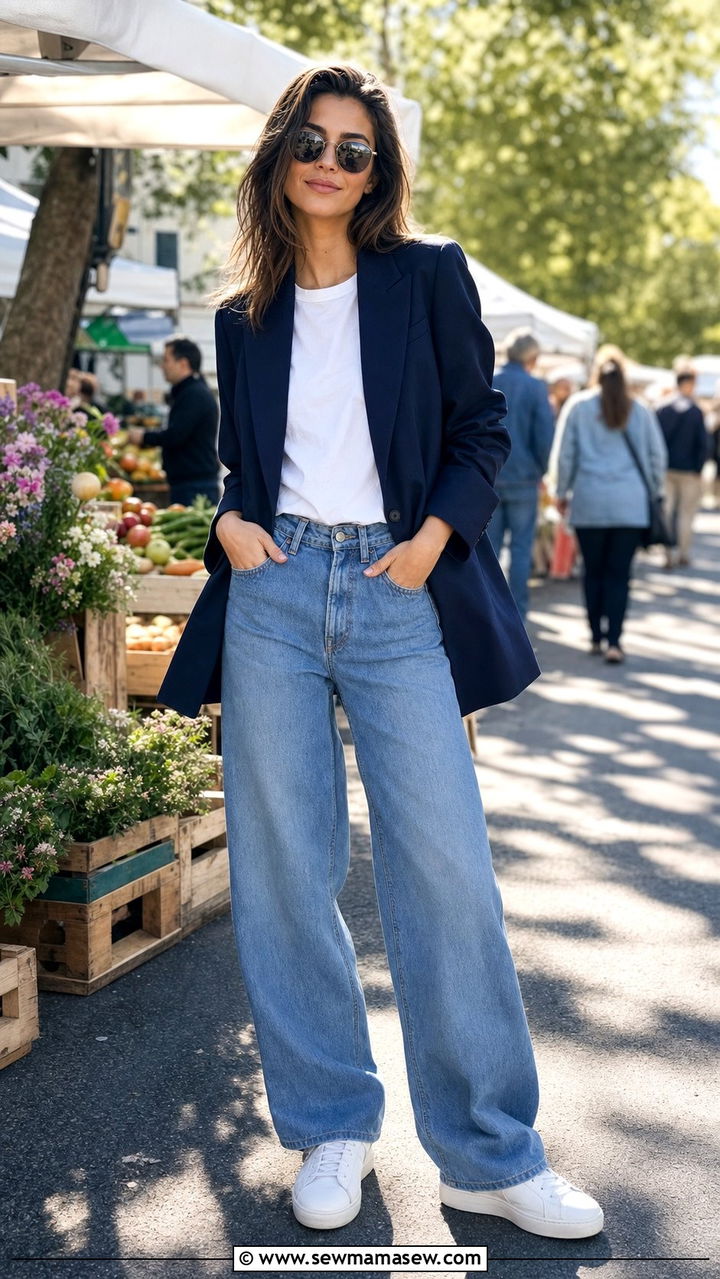 Blazer With T Shirt And Wide Leg Jeans Outfit - 35 blazer outfits aesthetic