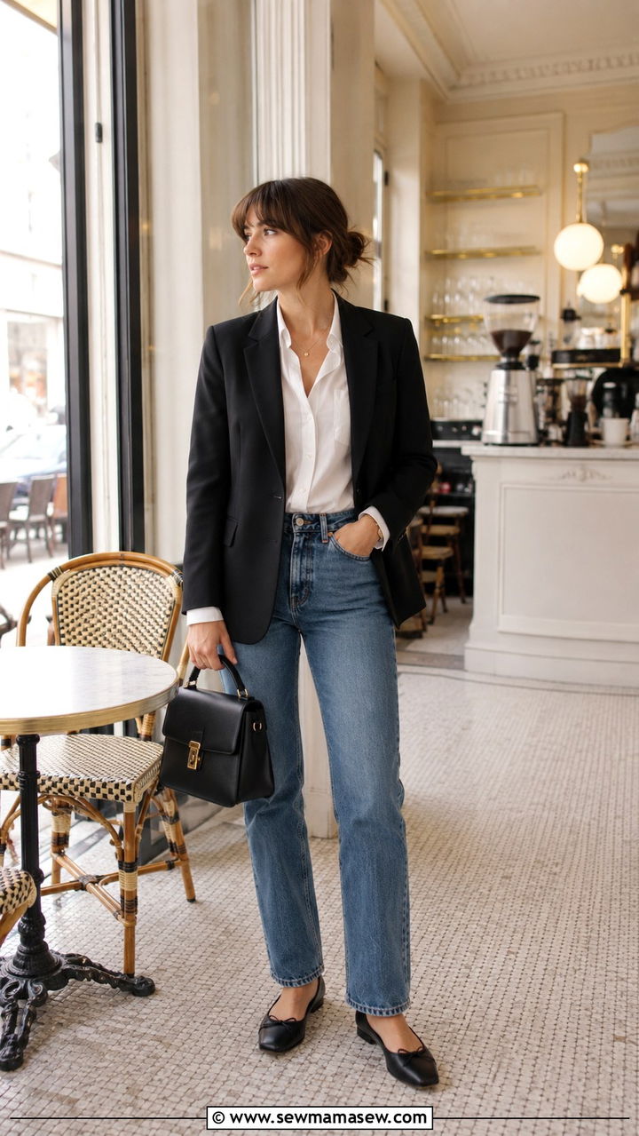 Blazer With White Button Down and Jeans and Ballet Flats - 30 parisian capsule wardrobe outfits