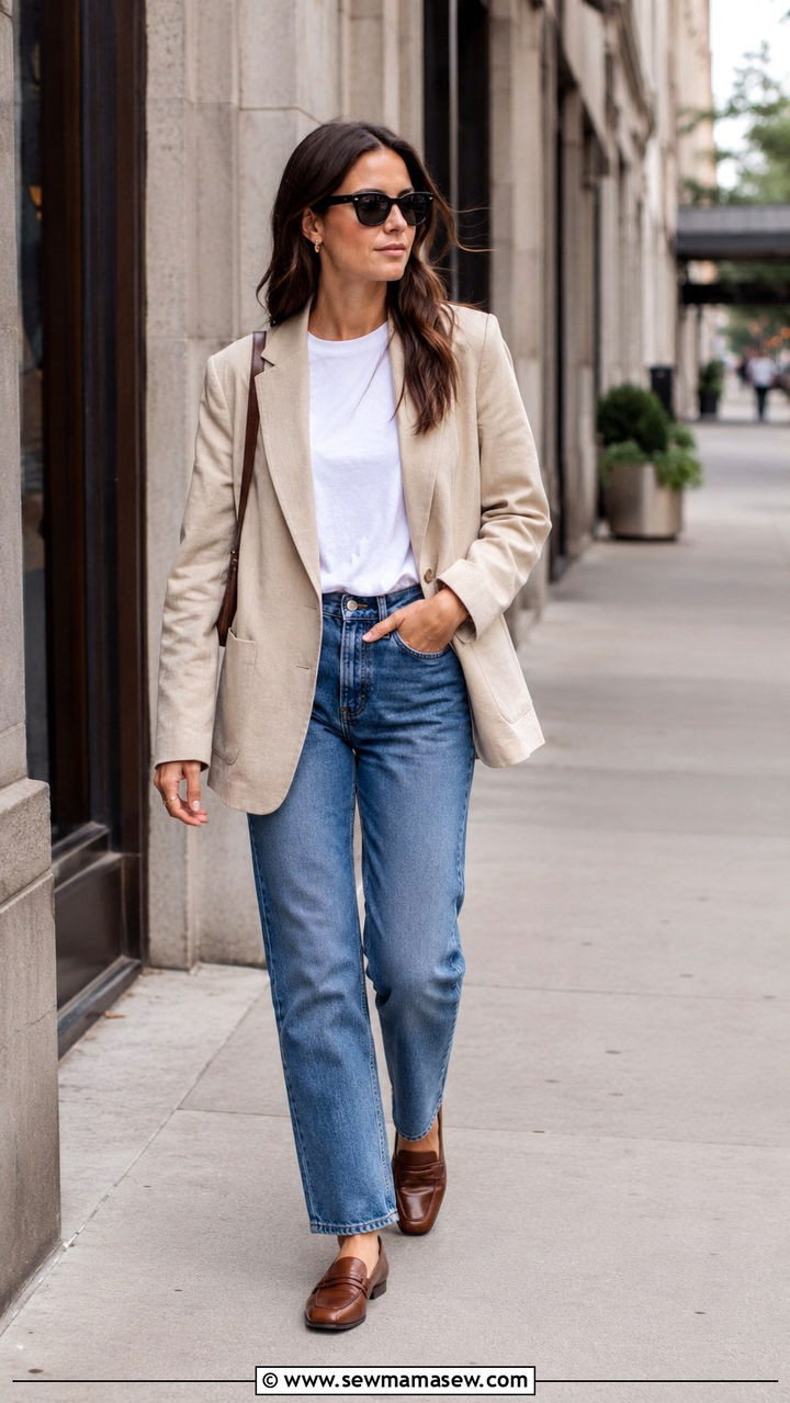 Blazer With White Tee And Straight Leg Jeans With Loafers - 30 Warm day cold night outfits