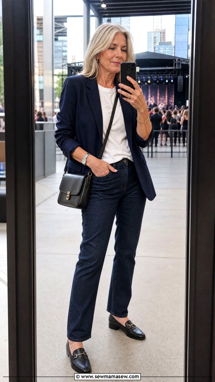 Blazer With White Tee and Dark Denim - 30 Concert outfit ideas for women over 50