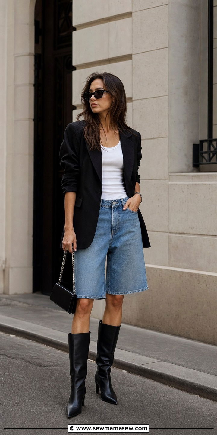 Blazer and Denim Knee Length Shorts With Leather Boots - 35 April outfits for women