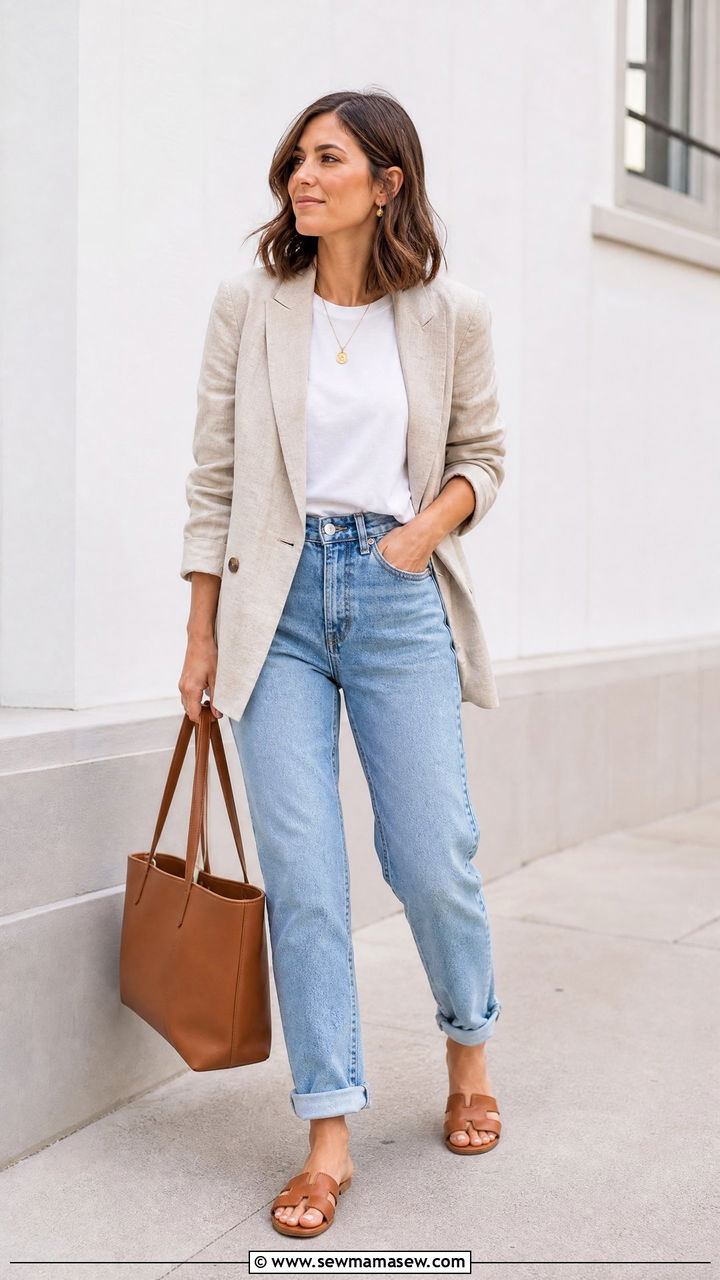 Blazer and Mom Jeans with Flat Sandals - 30 Summer outfits with mom jeans