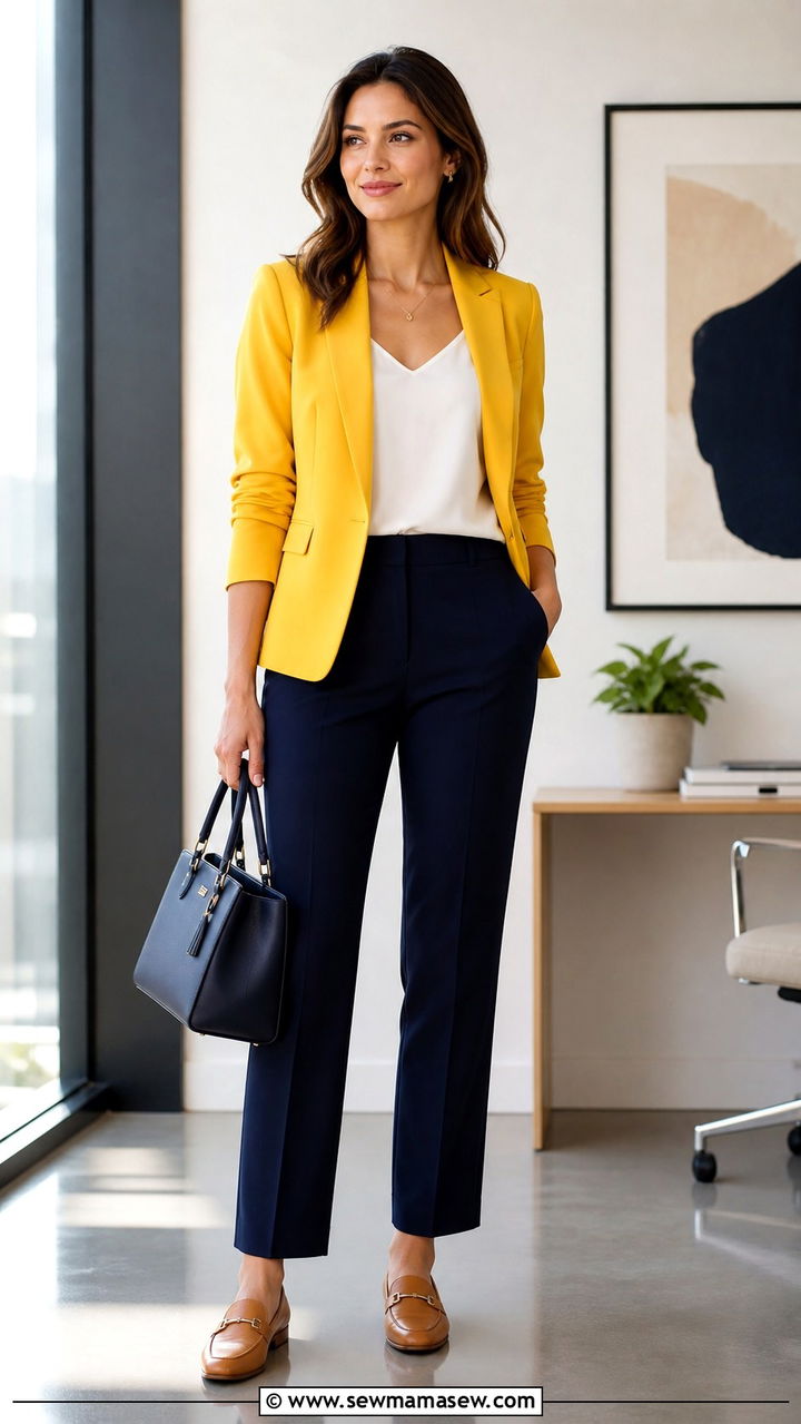 Blazer and Navy Trousers Outfit - 40 Yellow outfit ideas