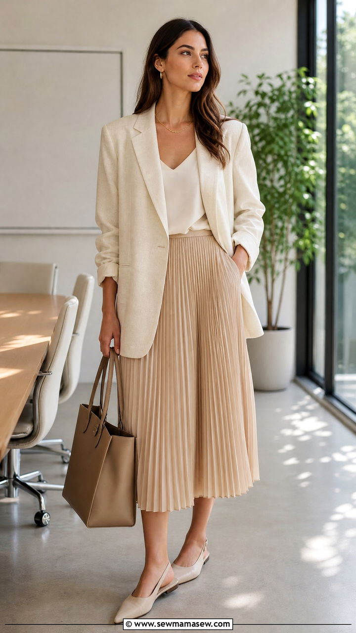 Blazer and Pleated Skirt Office Outfit - 30 Summer outfits with pleated skirts