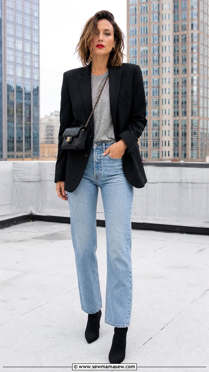 Blazer and Straight Leg Jeans With Red Lipstick - 25 French girl outfit ideas with red lipstick