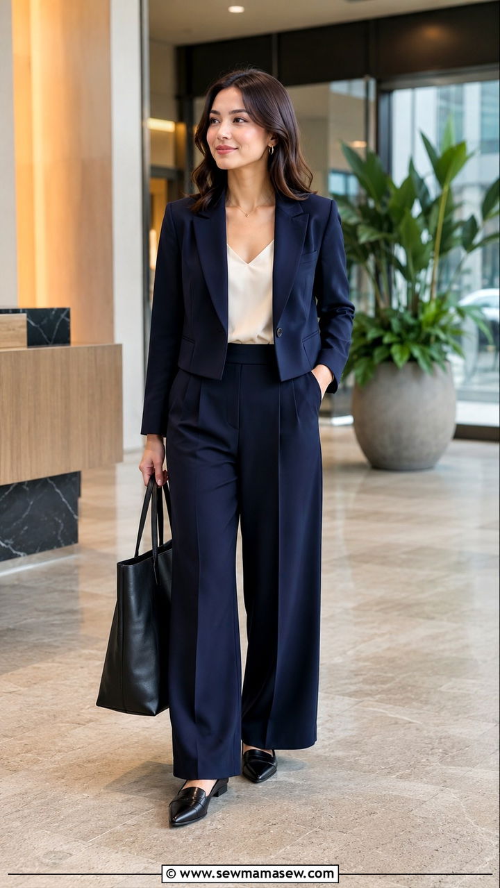 Blazer and Wide Leg Trousers with Loafers - 30 Travel outfits for petite women