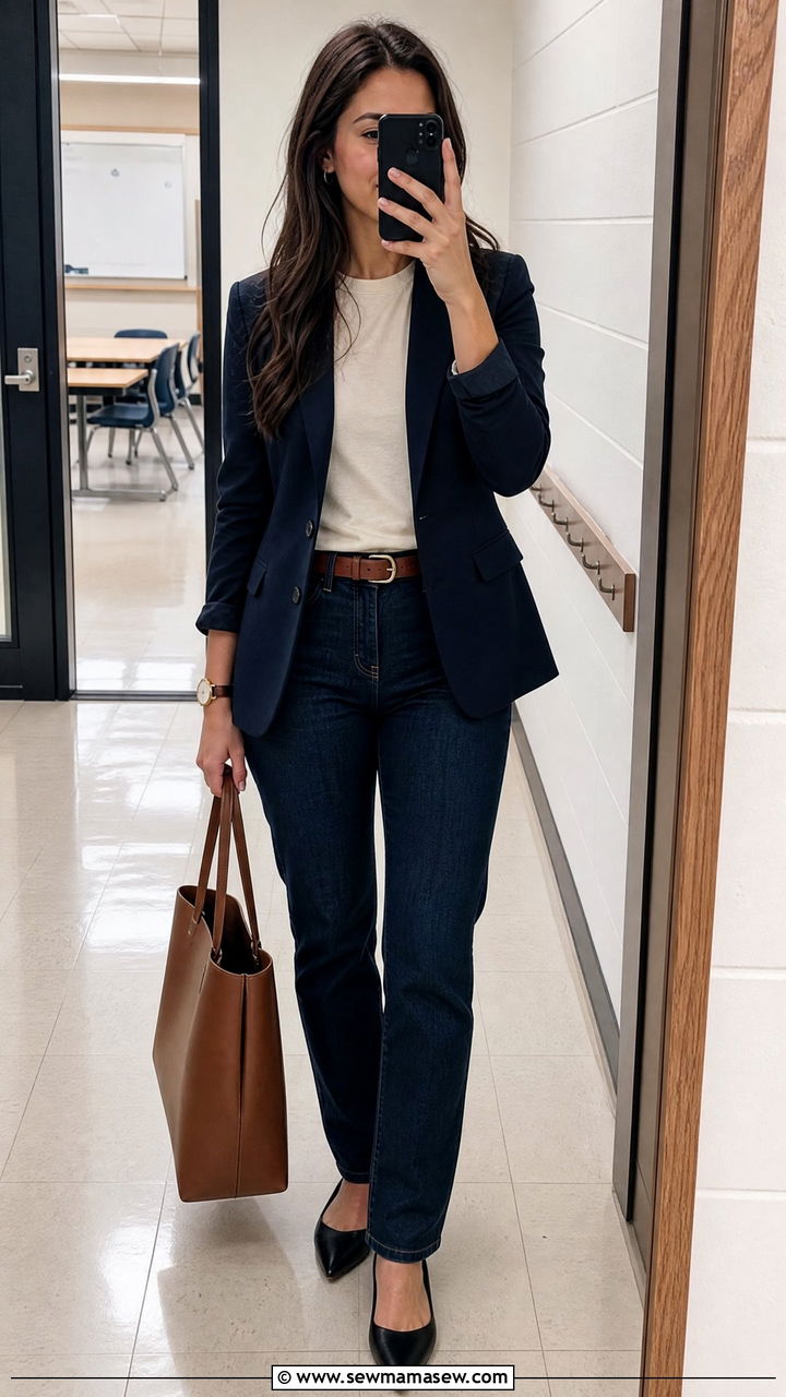 Blazer and dark wash jeans - 25 High school teacher outfit ideas