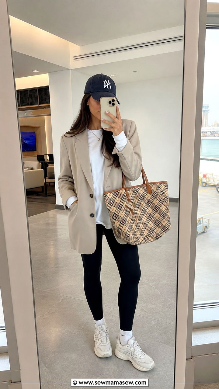 Blazer and leggings airport outfit with sneakers - 20 Airport outfit ideas CDG Paris