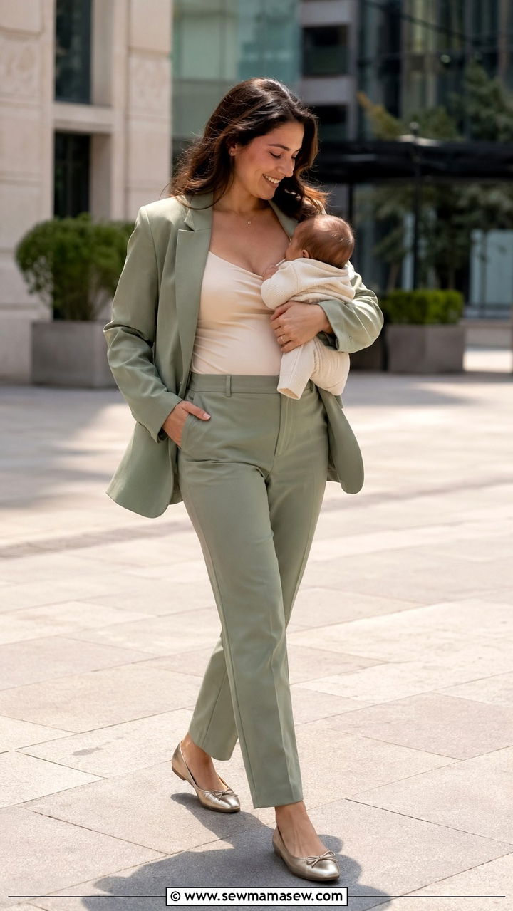 Blazer and tailored trousers with a nursing camisole - 25 wedding guest outfits for postpartum women