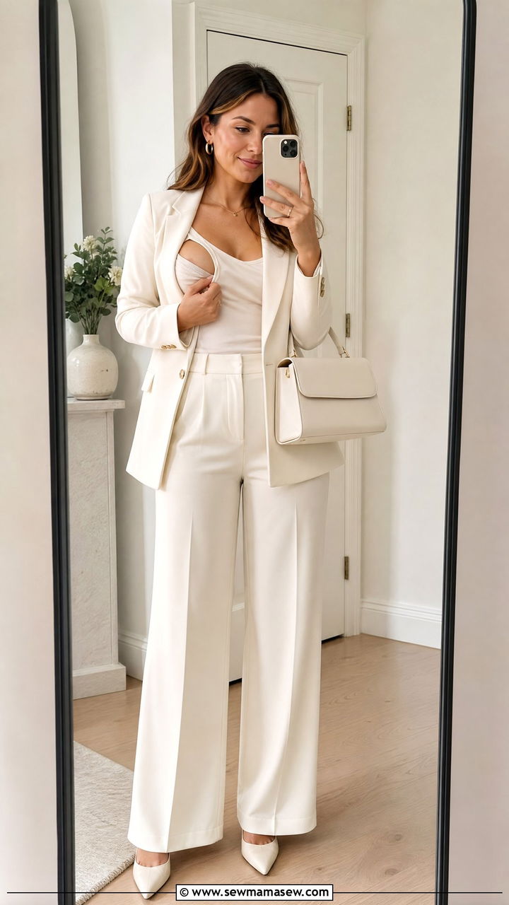 Blazer and wide leg trousers with nursing cami - 25 wedding guest outfits for new moms