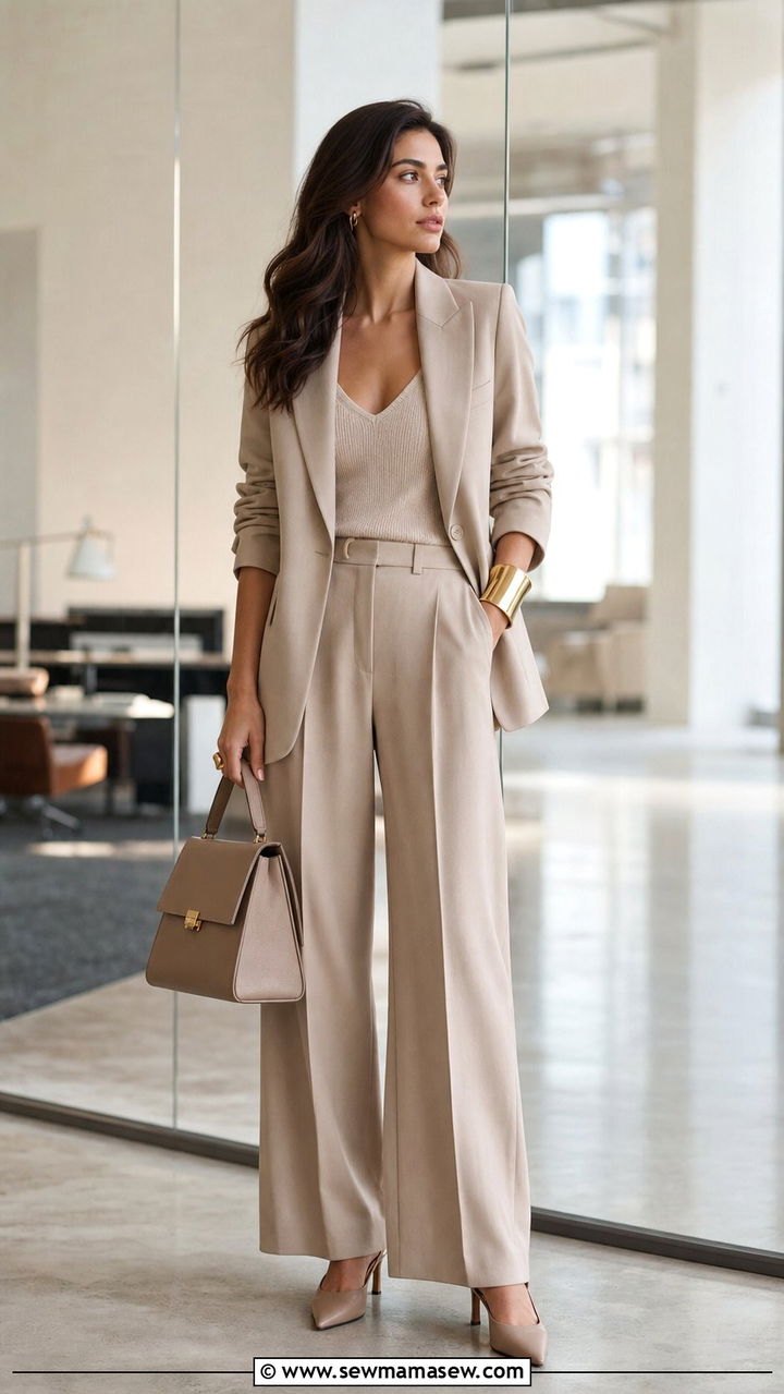 Blazer and wide leg trousers with sculptural gold cuffs - 25 spring outfits with gold jewelry