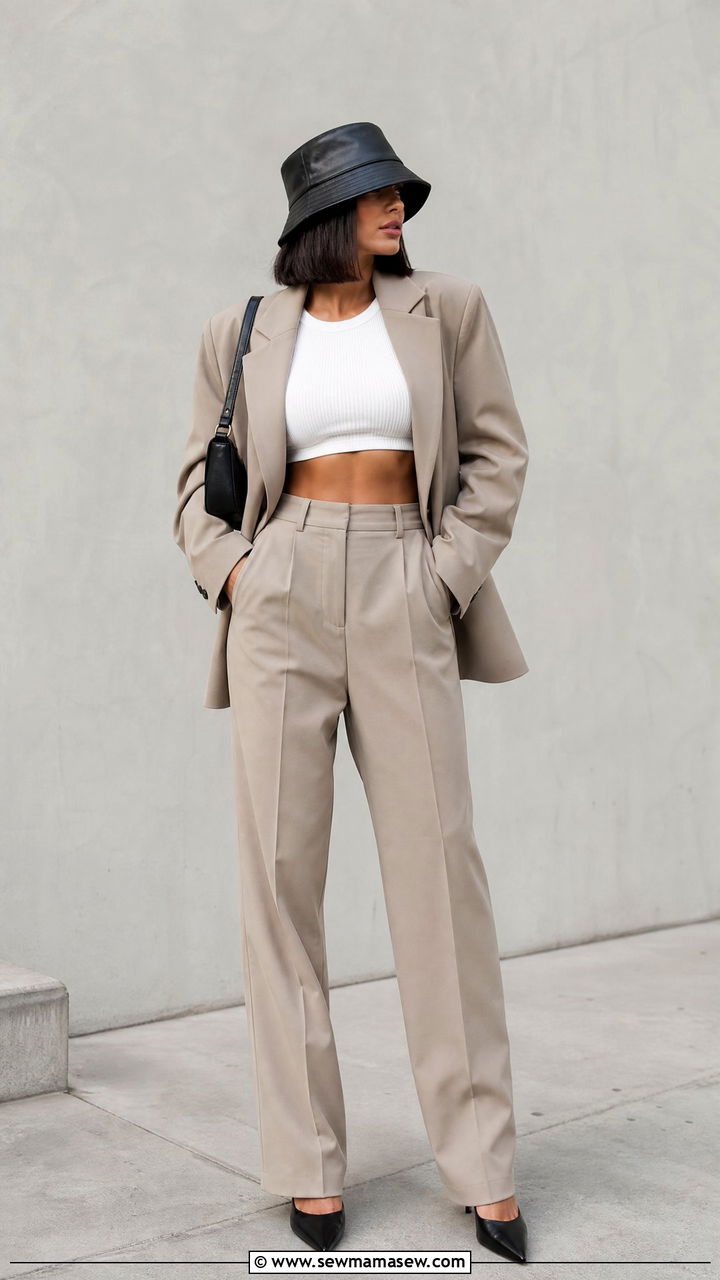 Blazer crop top and trousers bucket hat outfit - 25 How to style a bucket hat