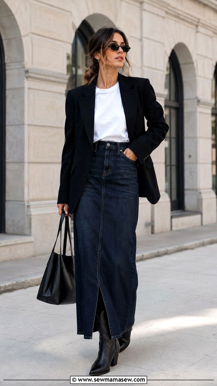 Blazer long denim skirt with cowboy boots - 30 Long denim skirt outfit ideas with cowboy boots