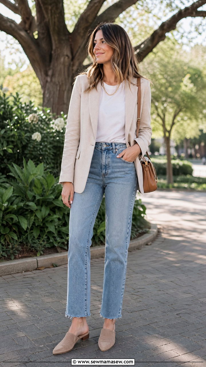 Blazer white tee and jeans for family reunion - 35 Family reunion outfit ideas