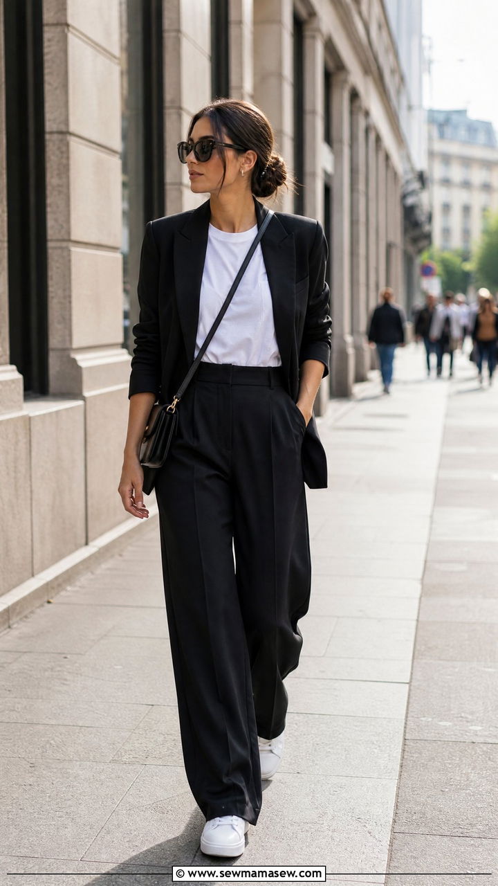 Blazer white tee and wide leg trousers look - 25 French girl outfit ideas for travel
