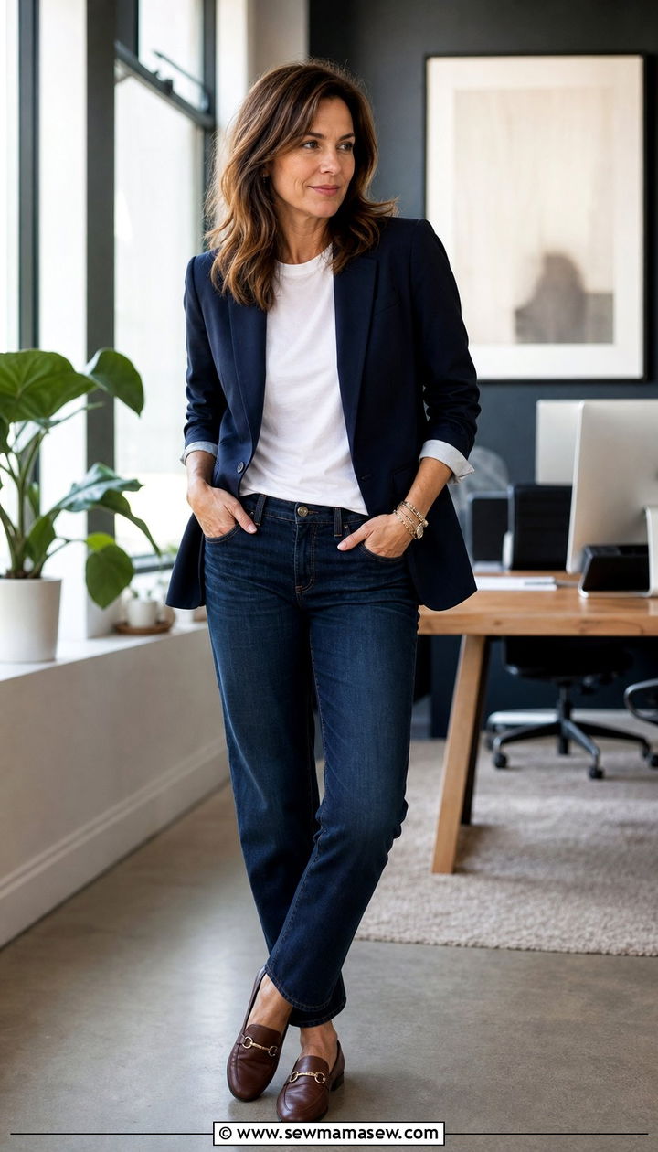 Blazer with Dark Denim Jeans - 35 Business casual outfits for women over 40