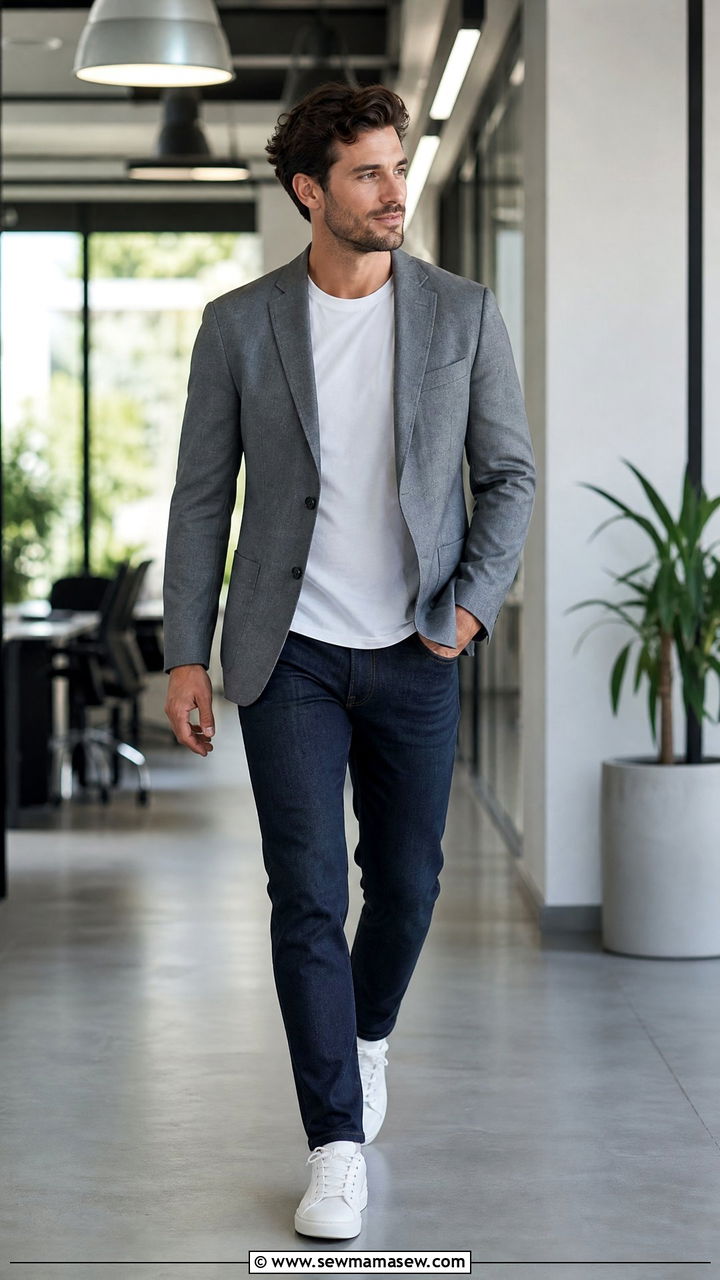 Blazer with Dark Denim and Sneakers - 25 Business casual outfits with sneakers