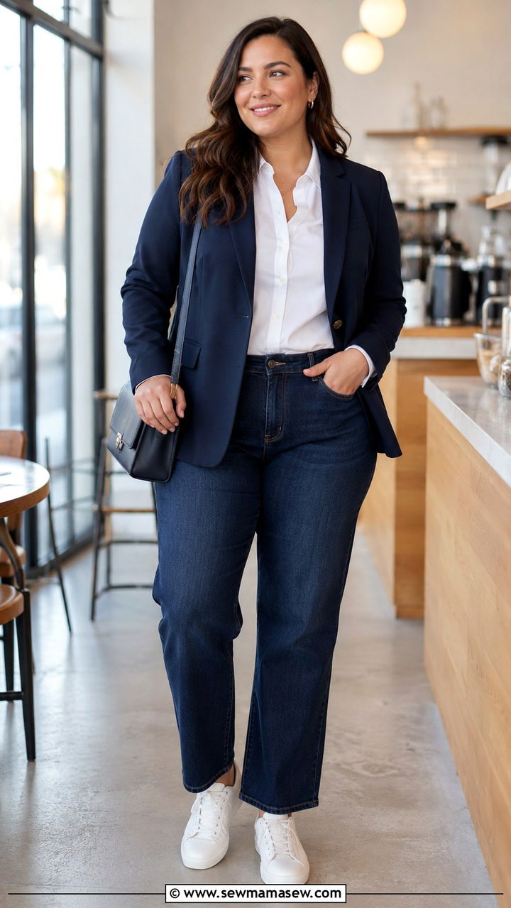 Blazer with Dark Denim for Casual Friday - 30 Plus size business casual outfit ideas