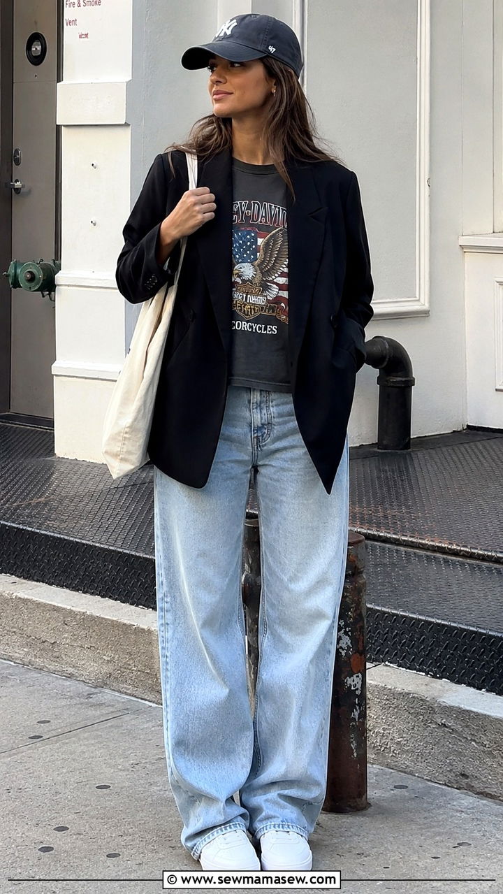 Blazer with Graphic Tee and Relaxed Jeans - 25 Parisian outfit ideas in April