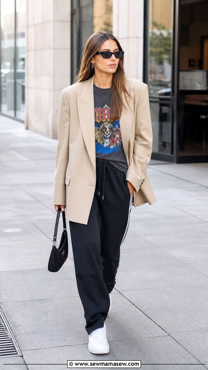 Blazer with Graphic Tee and Track Pants - 40 cute spring outfit ideas