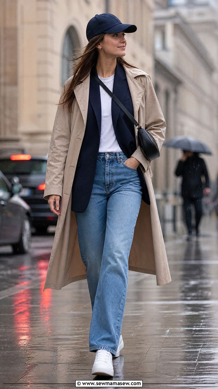 Blazer with Jeans and Sneakers Under a Lightweight Trench - 30 summer rainy day outfit ideas